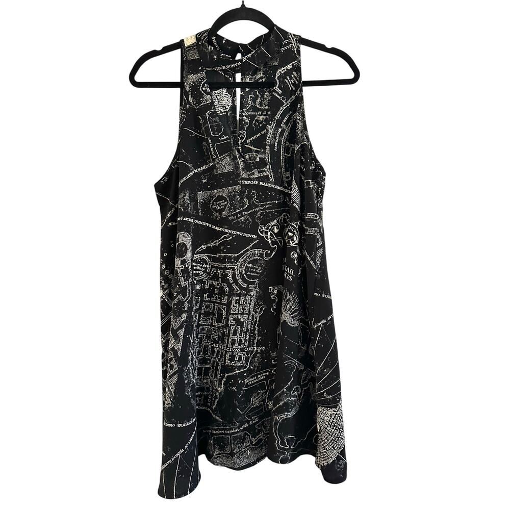 HARRY POTTER Marauders Map Choker V-Neck Dress Black Whimsigoth Junior Sz Large - Picture 3 of 5